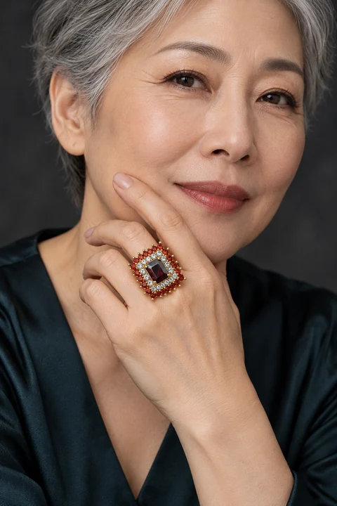 The Romy Rhapsody Red Ring worn on a model — AI-generated styling preview