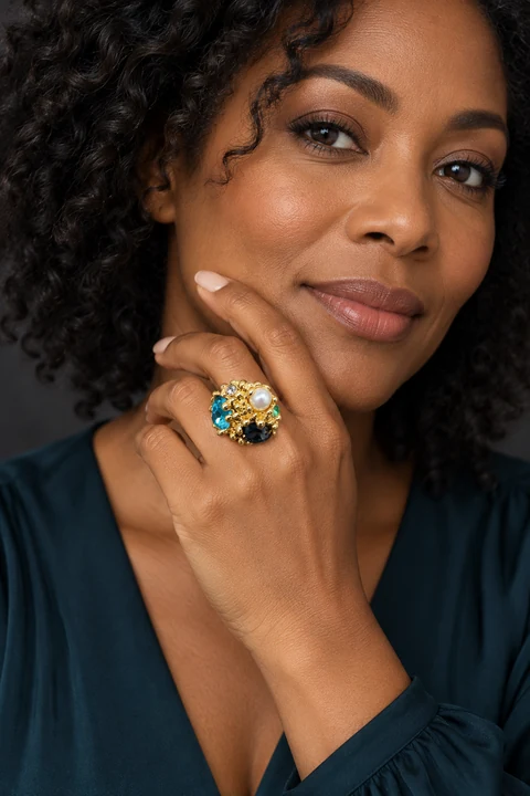 The Margot Arabesque Ring worn on a model — AI-generated styling preview