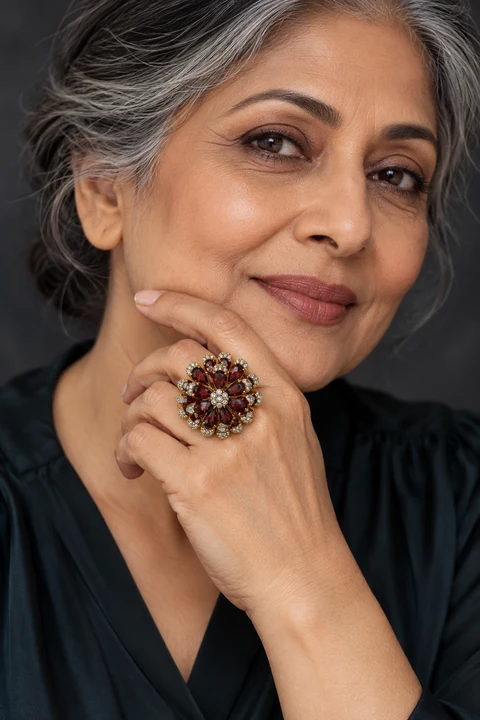 The Rosaline Arabesque Ring worn on a model — AI-generated styling preview