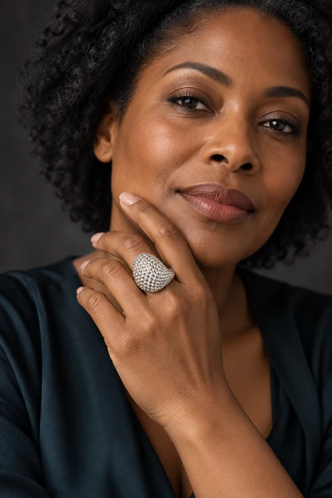 The Sophie Sonata Ring worn on a model — AI-generated styling preview