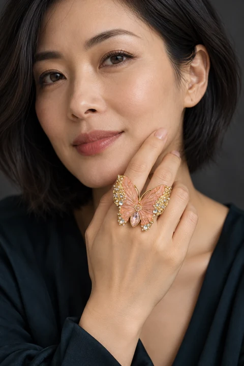 The Camille Rhapsody Pink Ring worn on a model — AI-generated styling preview