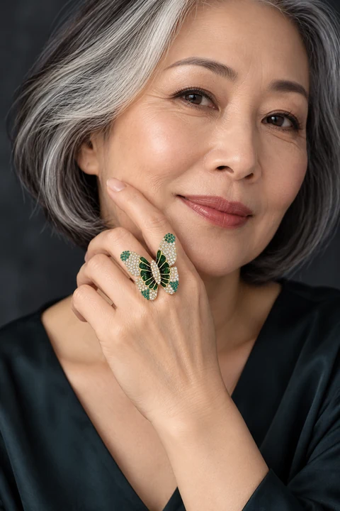 The Adrienne Sonnet Ring worn on a model — AI-generated styling preview