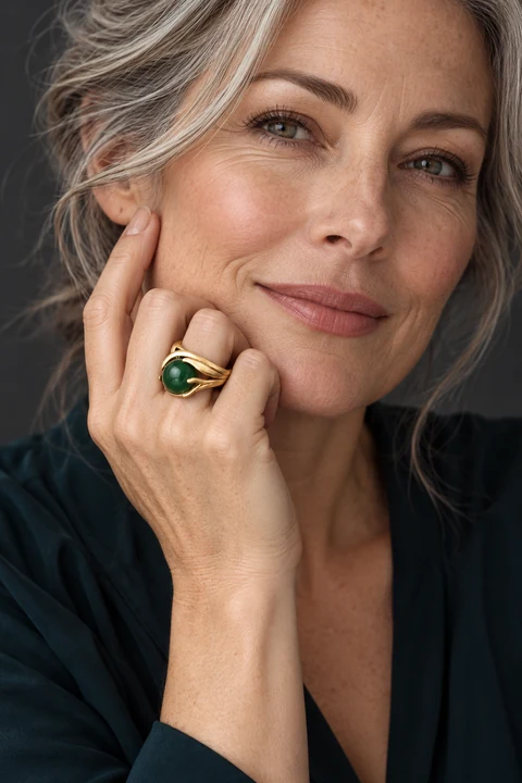 The Inès Muse Green Ring worn on a model — AI-generated styling preview
