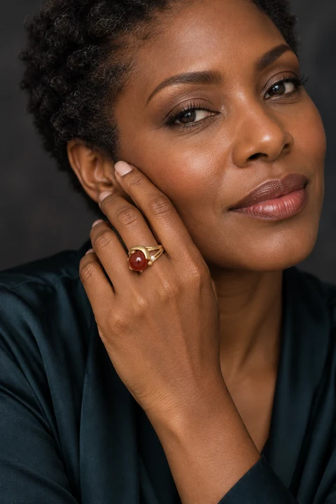 The Inès Muse Red Ring worn on a model — AI-generated styling preview