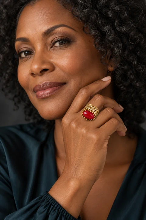 The Cassandre Reverie Red Ring worn on a model — AI-generated styling preview