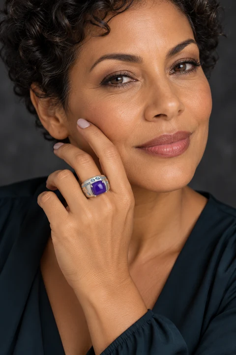 The Belle Waltz Violet Ring worn on a model — AI-generated styling preview