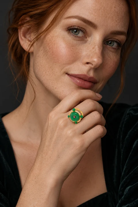 The Solange Fable Green Ring worn on a model — AI-generated styling preview