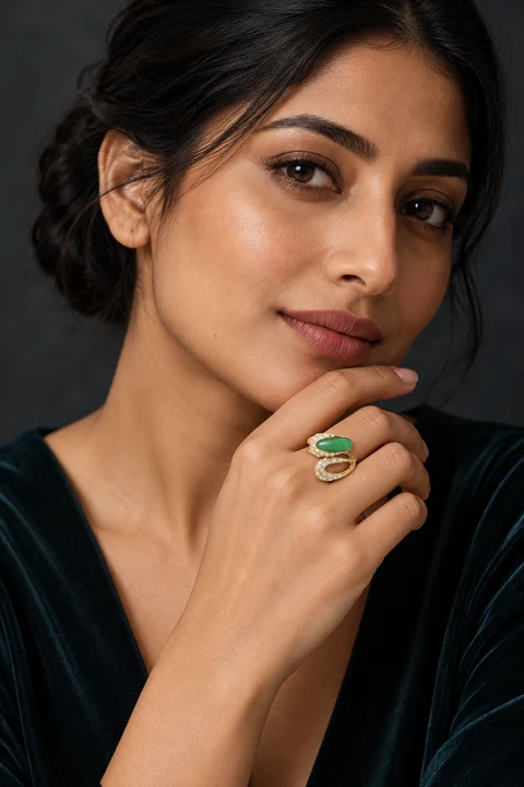 The Hortense Arabesque Ring worn on a model — AI-generated styling preview