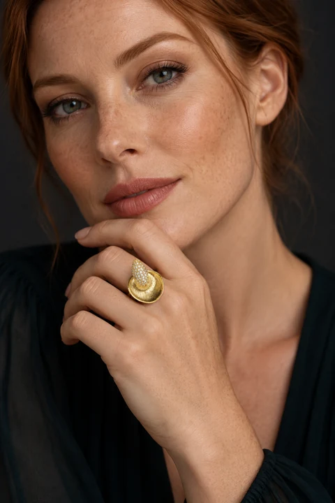 The Brielle Muse Ring worn on a model — AI-generated styling preview