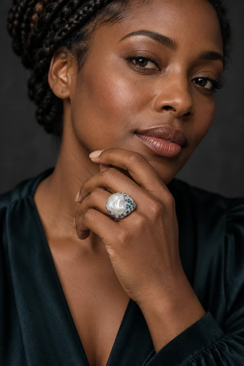 The Gaëlle Romance Ring worn on a model — AI-generated styling preview