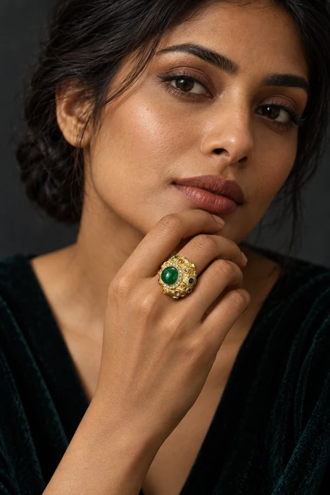 The Oriane Nocturne Ring worn on a model — AI-generated styling preview