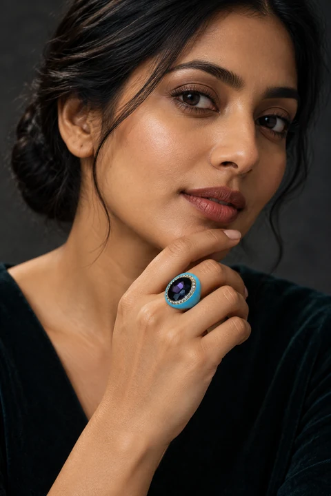 The Véronique Reverie Blue Ring worn on a model — AI-generated styling preview