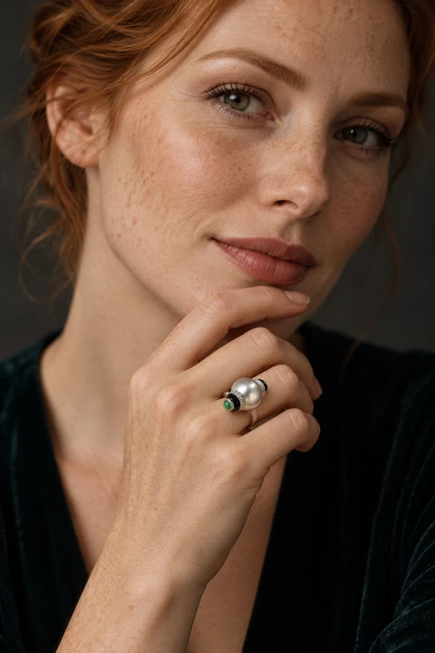 The Claire Sonata Grey Ring worn on a model — AI-generated styling preview