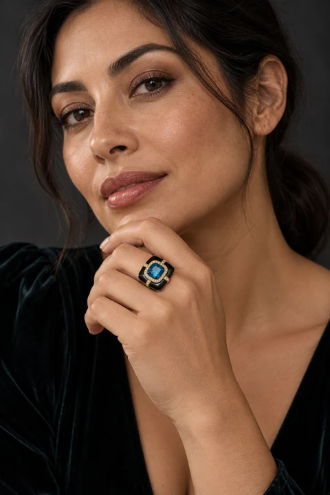 The Aveline Muse Ring worn on a model — AI-generated styling preview
