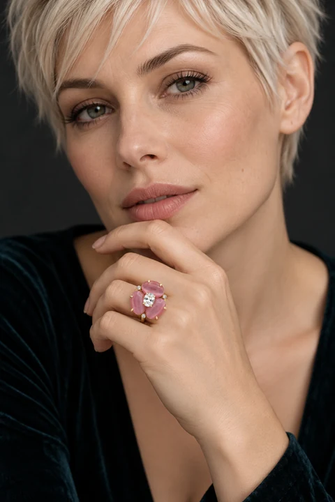 The Iris Fleur Ring worn on a model — AI-generated styling preview