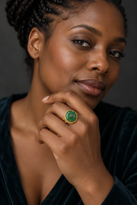The Diane Nocturne Ring worn on a model — AI-generated styling preview