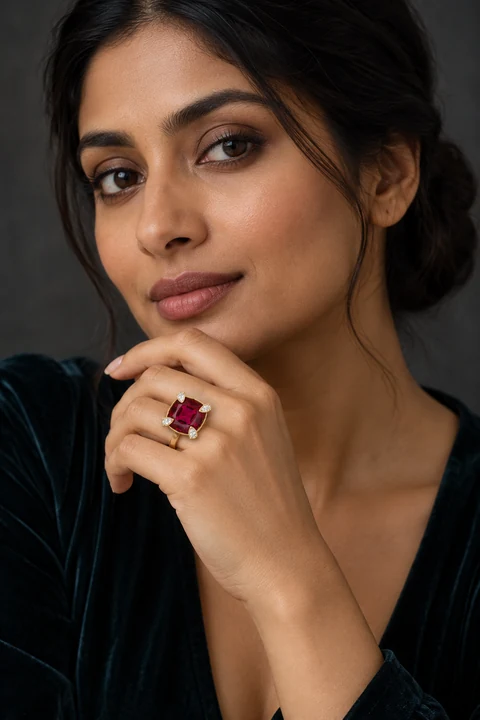 The Félicie Sonnet Ring worn on a model — AI-generated styling preview