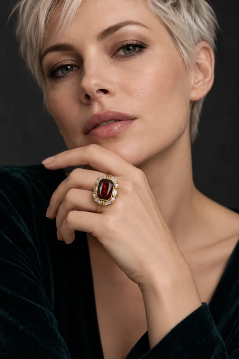 The Claudine Muse Ring worn on a model — AI-generated styling preview