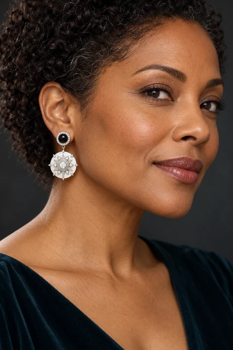 The Lumière Earrings worn on a model — AI-generated styling preview