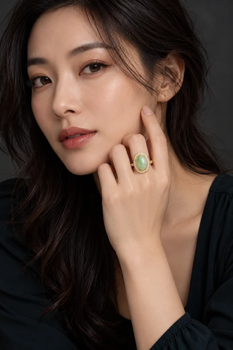 The Capucine Waltz Green Ring worn on a model — AI-generated styling preview