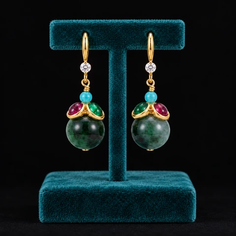 The Dahlia Earrings on a jewelry display — AI-generated styling preview