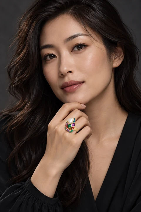 The Élise Romance Ring worn on a model — AI-generated styling preview