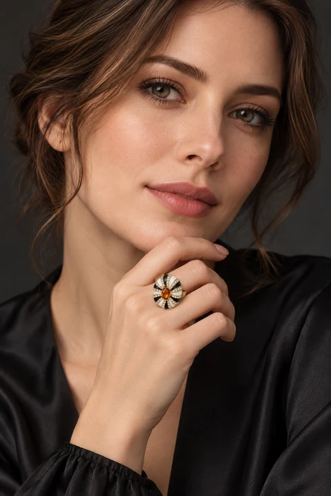 The Bérénice Rhapsody Ring worn on a model — AI-generated styling preview