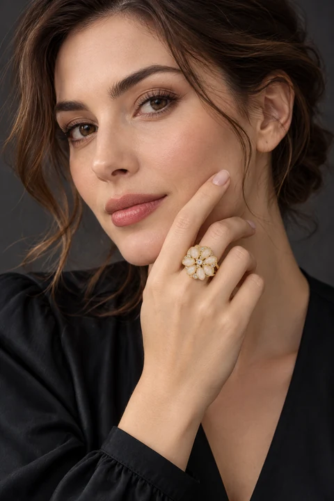 The Geneviève Romance Ring worn on a model — AI-generated styling preview