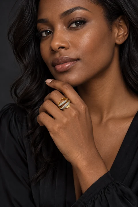 The Émilie Sonata Ring worn on a model — AI-generated styling preview