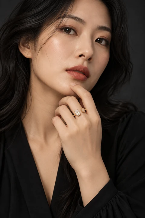 The Belle Éclat Ring worn on a model — AI-generated styling preview