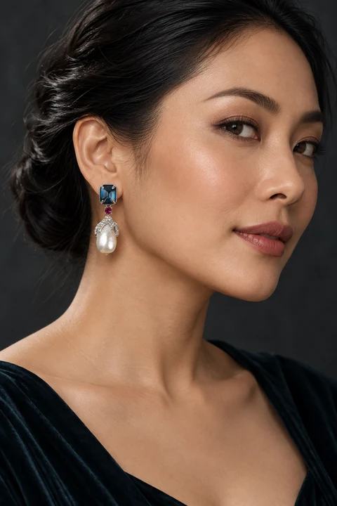 The Belladonna Blue Earrings worn on a model — AI-generated styling preview