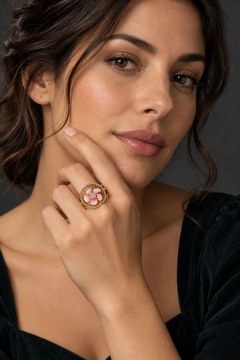 The Delphine Reverie Ring worn on a model — AI-generated styling preview