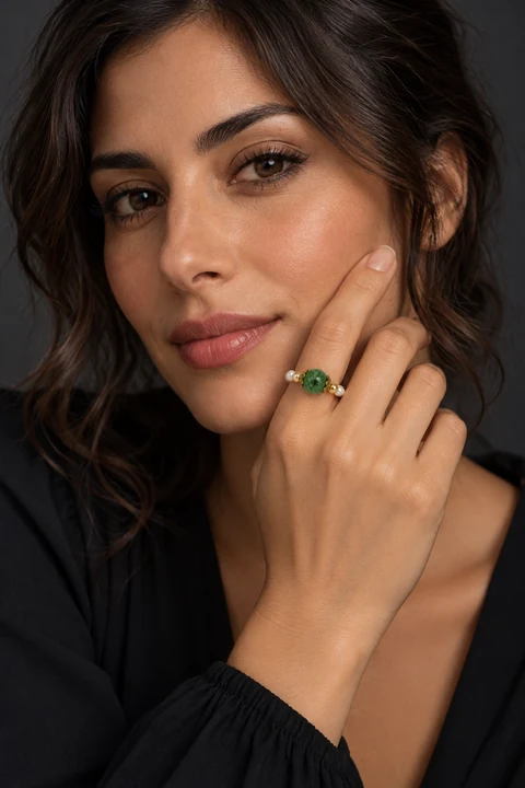The Alice Romance Ring worn on a model — AI-generated styling preview
