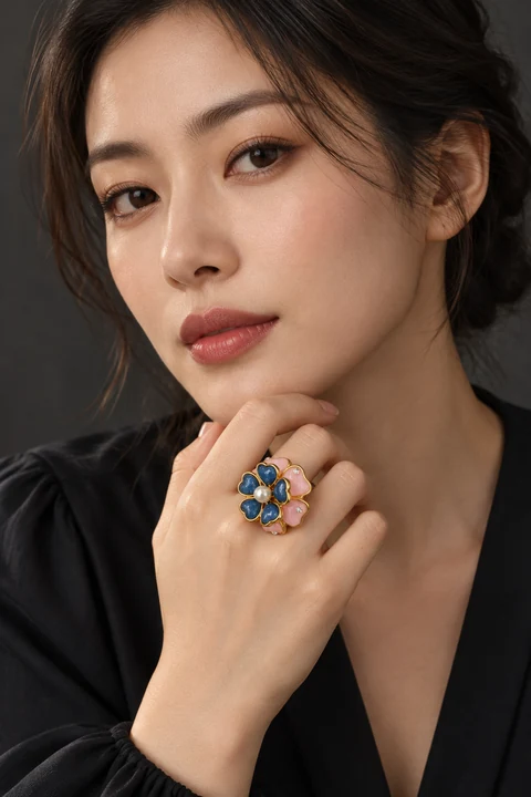 The Flora Reverie Ring worn on a model — AI-generated styling preview