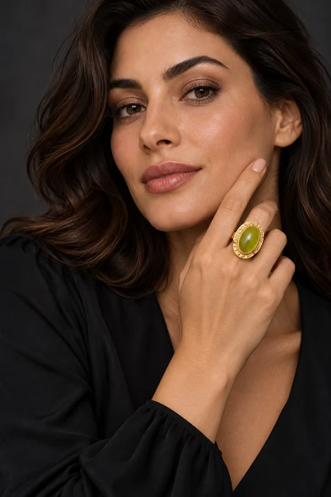 The Olivia Sonnet Green Ring worn on a model — AI-generated styling preview