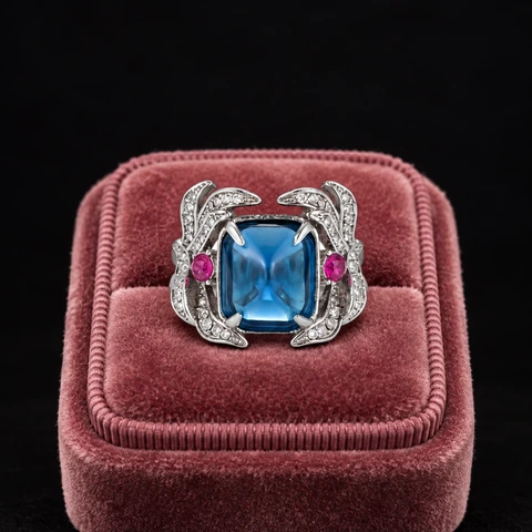 The Belladonna Blue Ring on a jewelry display — AI-generated styling preview