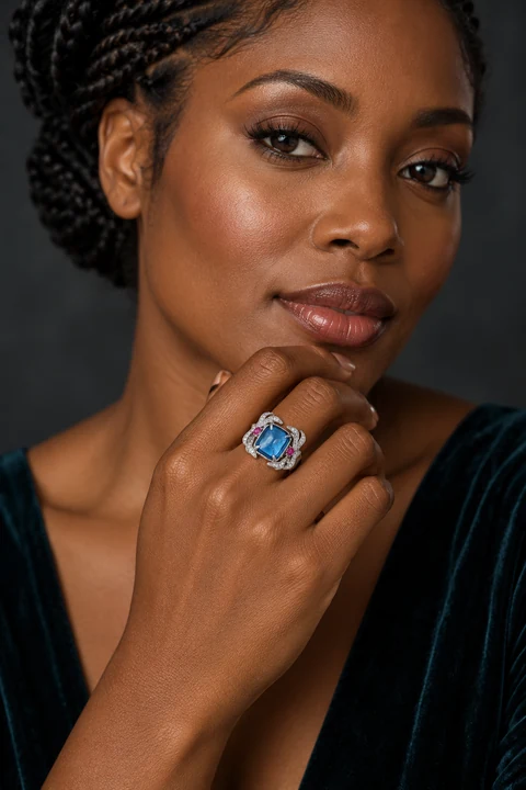 The Belladonna Blue Ring worn on a model — AI-generated styling preview