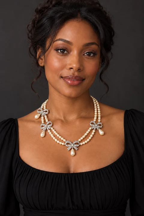 The Oriane Fable Necklace worn on a model — AI-generated styling preview