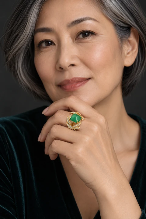 The Belladonna Green Ring worn on a model — AI-generated styling preview