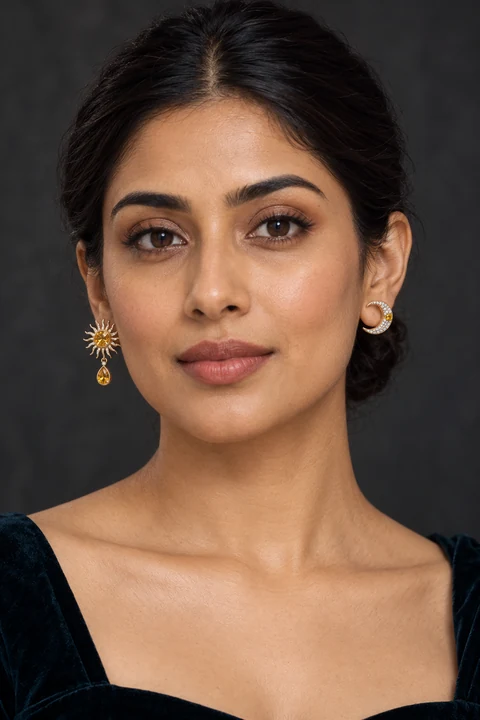 The Mélisande Earrings worn on a model — AI-generated styling preview