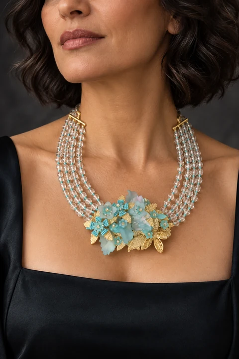 The Clarisse Rhapsody Necklace worn on a model — AI-generated styling preview