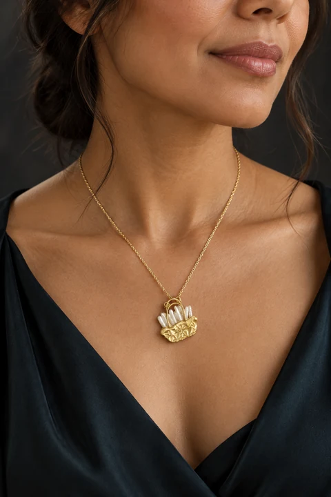 The Théa Serenade Necklace worn on a model — AI-generated styling preview