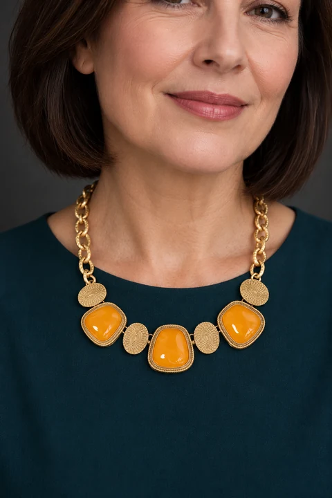 The Larkspur Yellow Necklace worn on a model — AI-generated styling preview