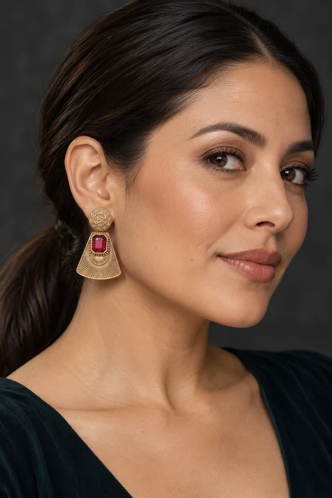 The Rosewater Earrings worn on a model — AI-generated styling preview
