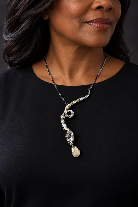 The Claudine Arabesque Necklace worn on a model — AI-generated styling preview