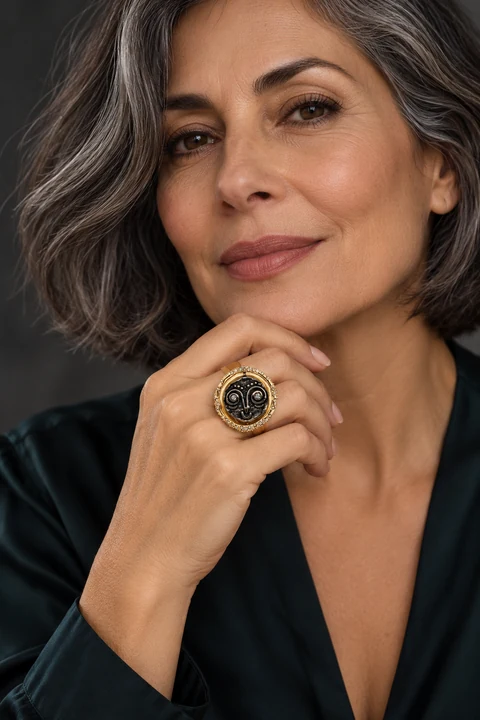 The Ophélie Nocturne Ring worn on a model — AI-generated styling preview