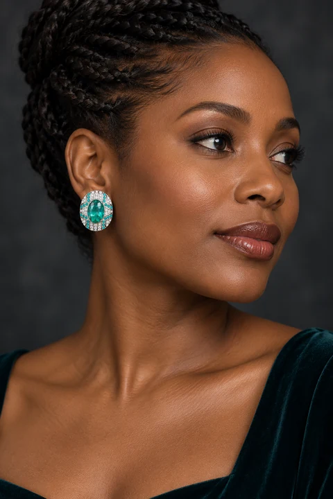 The Evening Rose Earrings worn on a model — AI-generated styling preview
