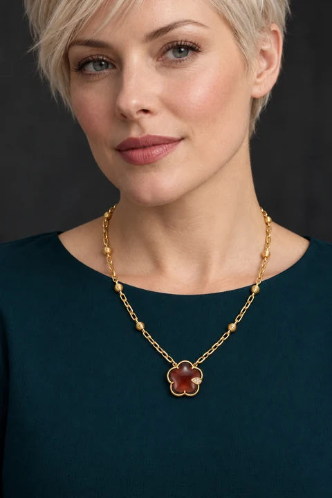 The Isabeau Rhapsody Necklace worn on a model — AI-generated styling preview