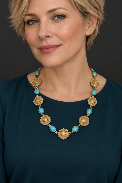 The Blanche Sonata Necklace worn on a model — AI-generated styling preview