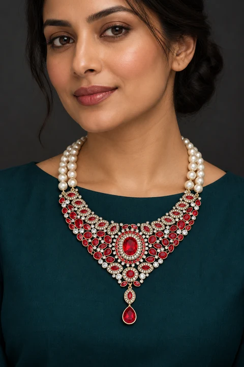 The Claire Jardin Red Necklace worn on a model — AI-generated styling preview